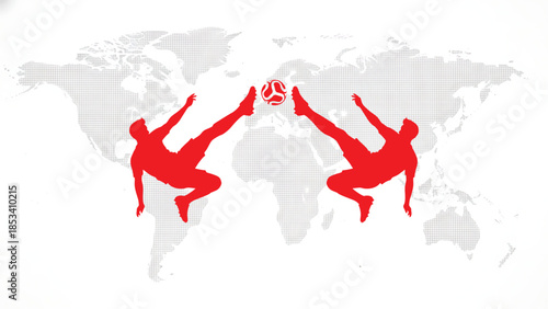 Energetic soccer players in action kicking balls on a world map background