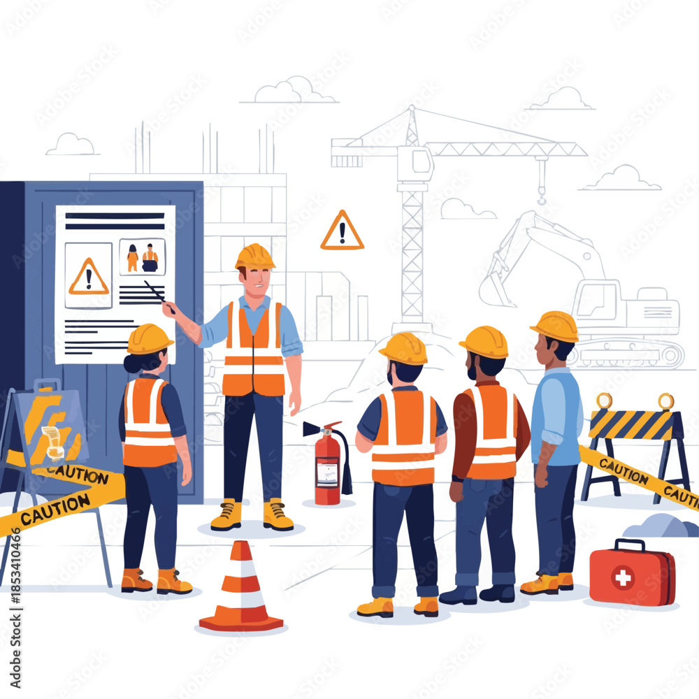 Fototapeta premium Construction safety briefing workers in hard hats.