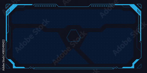 Futuristic digital interface frame with blue highlights and dark background.