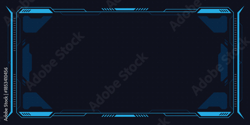 Futuristic digital interface frame with blue highlights and dark background.