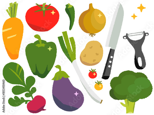 野菜と包丁・ピーラーのベクターイラストセット(トマト・にんじん・ピーマン・ラディッシュ・ナス・オクラ・玉ねぎ・じゃがいも・ミニトマト・ブロッコリー・長ネギ)