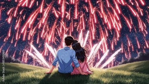 Romantic couple sitting together watching a spectacular display of red fireworks illuminate the night sky