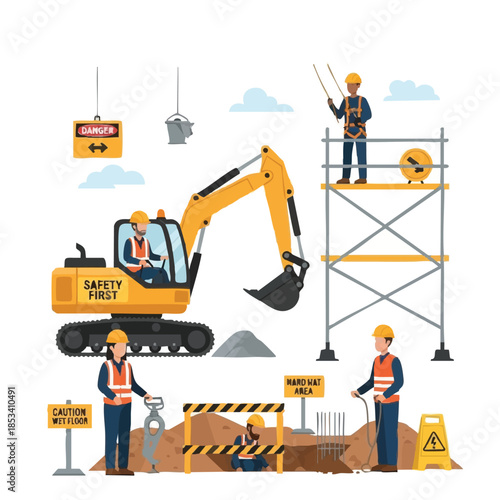 Construction site workers safety equipment excavator scaffolding.