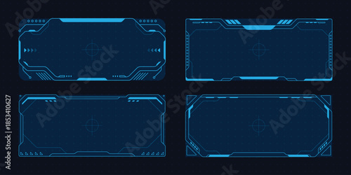 Futuristic interface frames in blue with a dark background for digital designs.