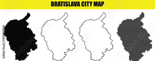 Bratislava city map vector set with black silhouette white shape contour line and dotted pattern on transparent background