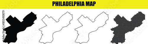 Philadelphia map set with different styles solid black, outline and dotted map on transparent background