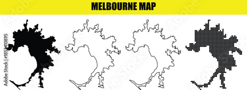 Melbourne map set with different styles solid black, outline and dotted map on transparent background