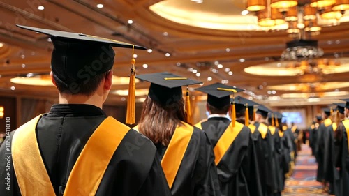 A line of graduating students in caps and gowns prepare to receive their diplomas at the ceremony.