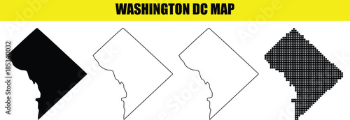 Washington DC map set with different styles solid black, outline and dotted map on transparent background