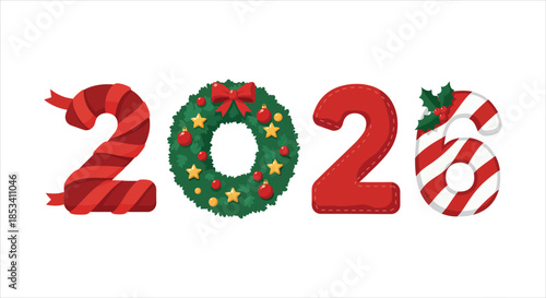 Festive 2026 New Year design with holiday wreath and candy cane elements, cheerful celebration concept