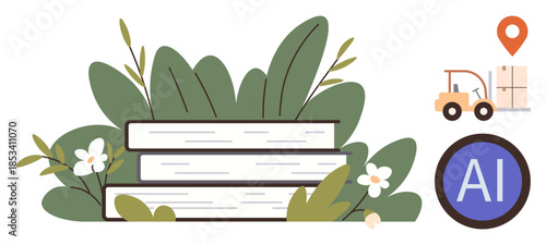 Stacked books surrounded by leaves, AI badge, forklift with storage, and location pin. Ideal for education, technology, logistics, growth innovation sustainability learning. Simple flat metaphor