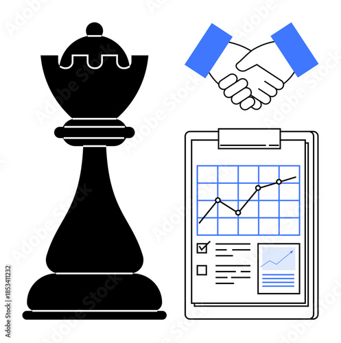 Business strategy, partnership, leadership, planning, investment, and decision making. Chess piece, handshake and clipboard displaying chart and checkboxes. Business strategy and partnership concept