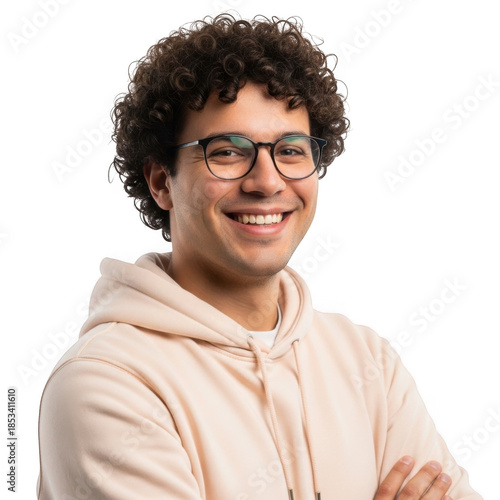 Smiling young man with curly hair and glasses, arms crossed
