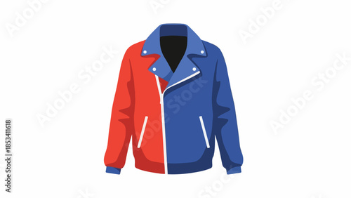 Graphic illustration of a red and blue jacket with a zipper on a white background.