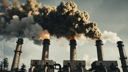 Industrial chimneys spew thick smoke into the sky, depicting environmental pollution and crisis