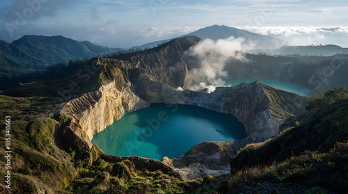 Kelimutu Volcano Crater Lakes With Turquoise Water And Steam graphic design isolated on a transparent background