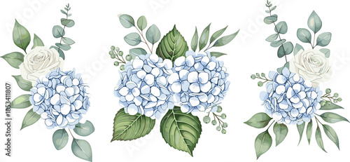 hydrangea, rose, flower, arrangement, botanical, floral, bouquet, leaves, green, blue, white, soft, illustration, watercolor, decorative, foliage, garden, elegant, pastel, nature