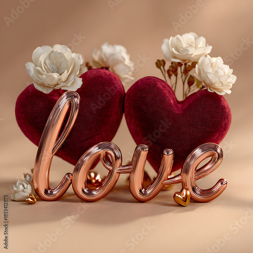 Rose Gold Love Word Art With Velvet Hearts And Flowers graphic design isolated on a transparent background