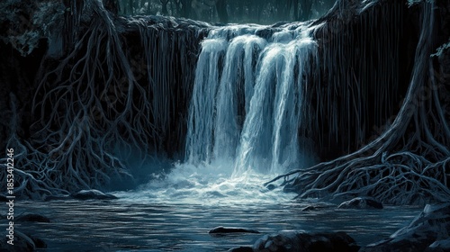 Waterfall flowing into a mangrove swamp, tangled roots, brackish water, unique ecosystem