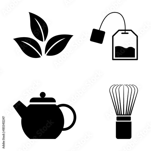 Black tea leaves, tea bag, teapot, and whisk icons isolated. Perfect for a tea-related project.