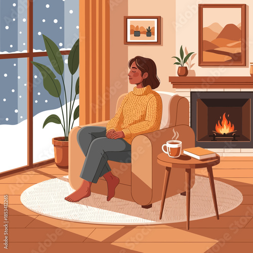 Woman relaxing in cozy armchair by fireplace and snow falling outside window