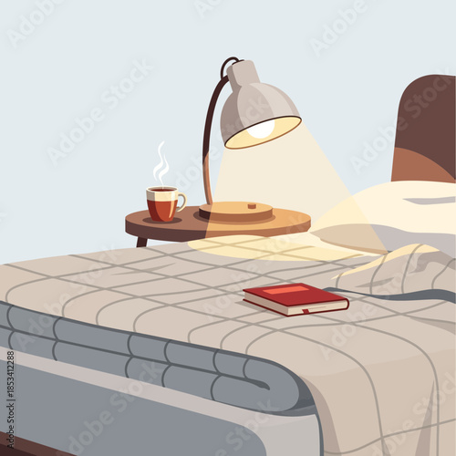 Cozy Bedroom Scene: Book, Coffee, and Lamp on Nightstand