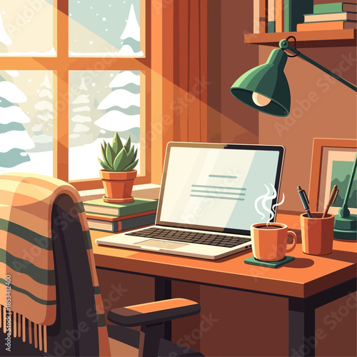 Cozy winter home office with laptop, coffee, and snowy window view
