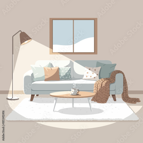 Cozy Winter Living Room: Sofa, Coffee, Blanket, and Snowy Window View