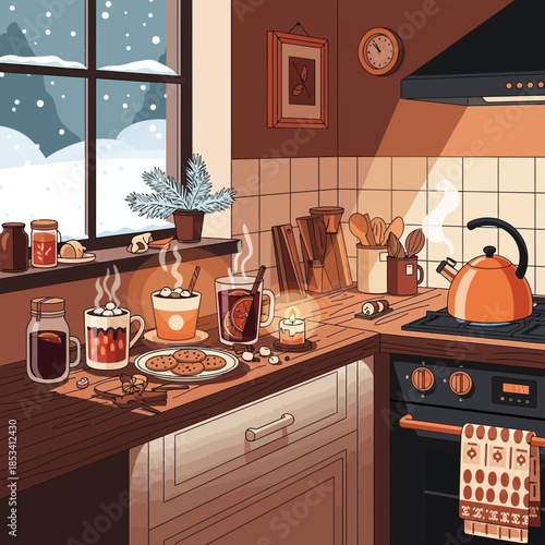 Cozy Winter Kitchen Scene: Hot Drinks, Cookies, and Snowfall Outside
