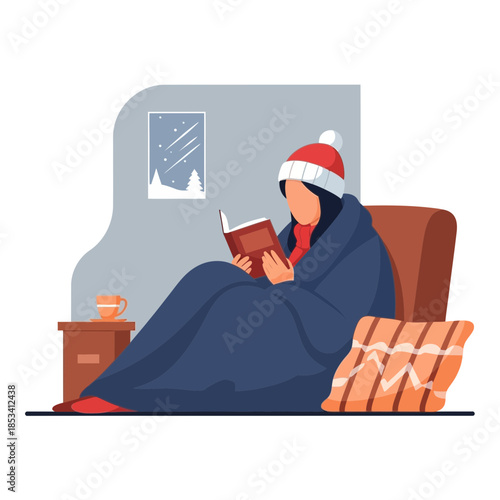 Cozy Winter Reading - Woman Wrapped in Blanket by Window