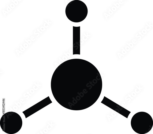 Minimalist black silhouette featuring a central circular atom connected to three smaller orbital atoms representing basic chemical bonds and scientific molecular structure modeling.