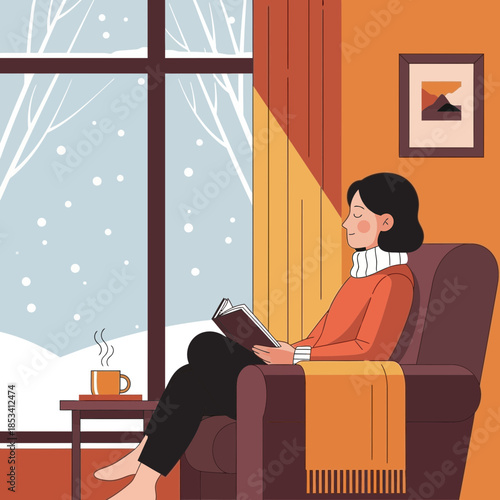 Cozy Winter Scene: Woman Reading Book by Snowing Window with Hot Drink