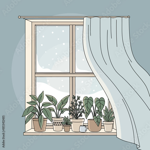 Cozy Winter Window Scene with Houseplants and Snowing Outdoors