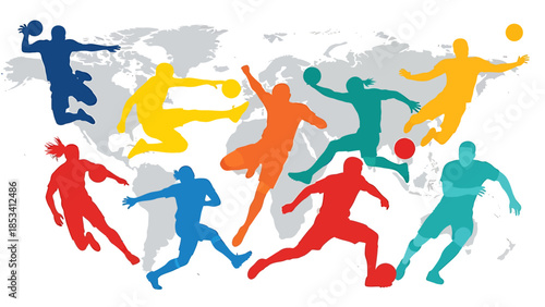 Energetic soccer players in action kicking balls on a world map background