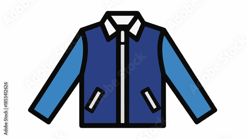 A cartoon-style illustration of a blue jacket with a zipper and white collar on a plain white background.