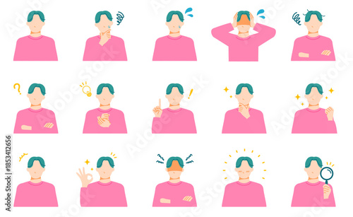 若い一般男性の喜怒哀楽の表情イラストセット。フラットデザイン。