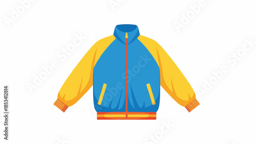 Colorful illustration of a blue and yellow zip-up jacket with orange accents on a white background.