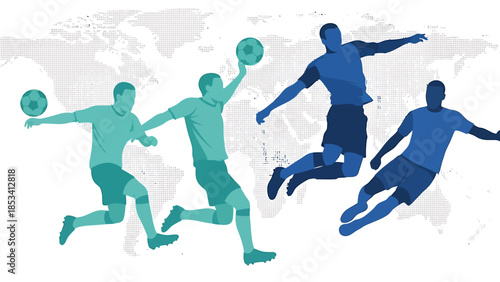 Energetic soccer players in action kicking balls on a world map background