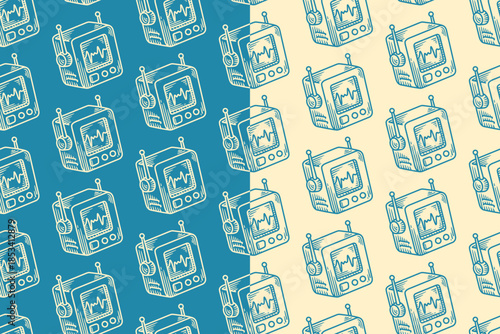 Robot monitor hand drawn doodle seamless pattern on blue beige background set for kids merchandise. Digital robot screen engraving pattern background. Futuristic space monitor hatching motif wallpaper