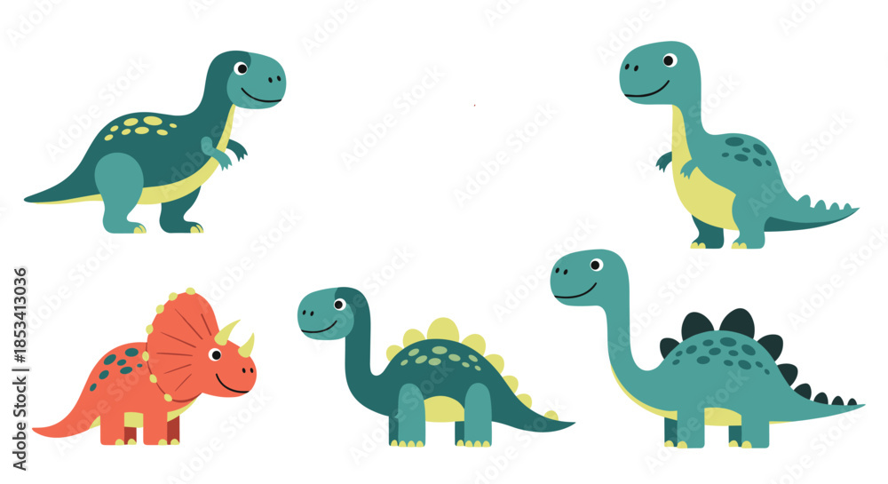 Obraz premium Set of cute cartoon dinosaur characters including triceratops, stegosaurus, and long-necked varieties in a playful flat illustration style.