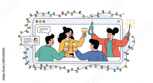Group of friends celebrating a holiday together virtually through a computer screen decorated with colorful festive fairy lights at home.