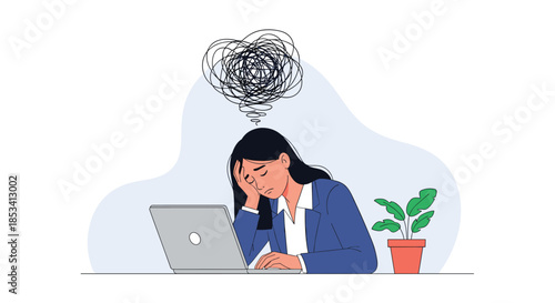 Overwhelmed businesswoman sitting at her desk with a laptop and a large tangle of messy thoughts above her head representing mental stress.