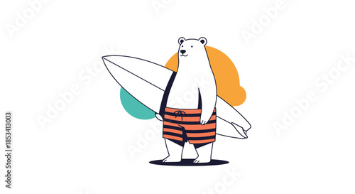 Cool polar bear character wearing orange and black striped swim trunks holding a large surfboard while standing on a plain white background.