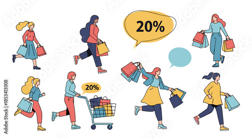 Multiple women running and carrying several shopping bags during a seasonal twenty percent discount sale event in a flat illustration style.