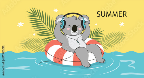 Relaxed koala listening to music with headphones while floating on a red and white lifebuoy in the ocean with palm leaves in the background.