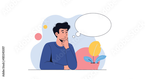 Pensive man sitting at a table with his hand on his chin and a blank white speech bubble above his head against an abstract color background.