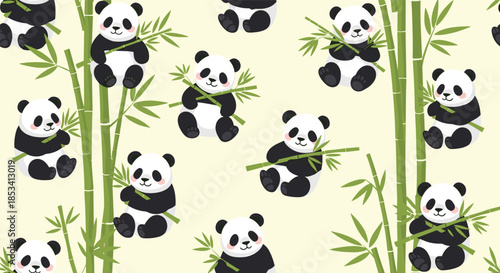 Seamless pattern of adorable giant pandas sitting and eating green bamboo stalks on a light cream background in a charming cartoon style.