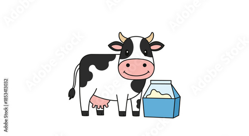 Friendly black and white cow character standing next to a blue milk carton on a clean white background in a simple cartoon illustration style.