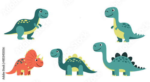 Set of cute cartoon dinosaur characters including triceratops, stegosaurus, and long-necked varieties in a playful flat illustration style.