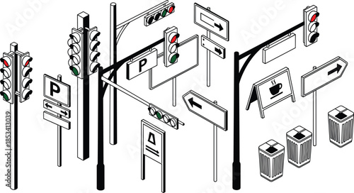 Isometric vector illustration of traffic lights, road signs, street poles, and navigation symbols for urban transportation, city infrastructure, and safety design
